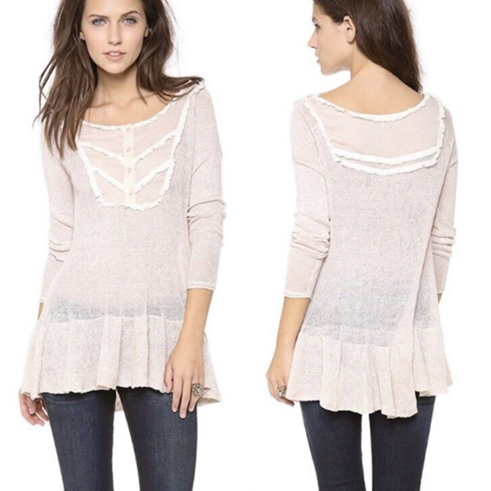 Free People Candy Yoke 100% Linen Pullover Top M Cream Peplum Ruffled Tunic